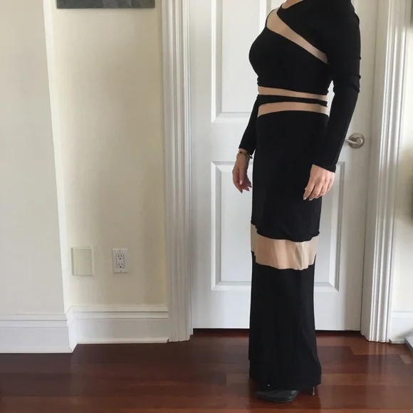 ABS Allen Schwartz Illusion Inset Maxi Long Black dress Peekaboo stripes - Picture 5 of 5